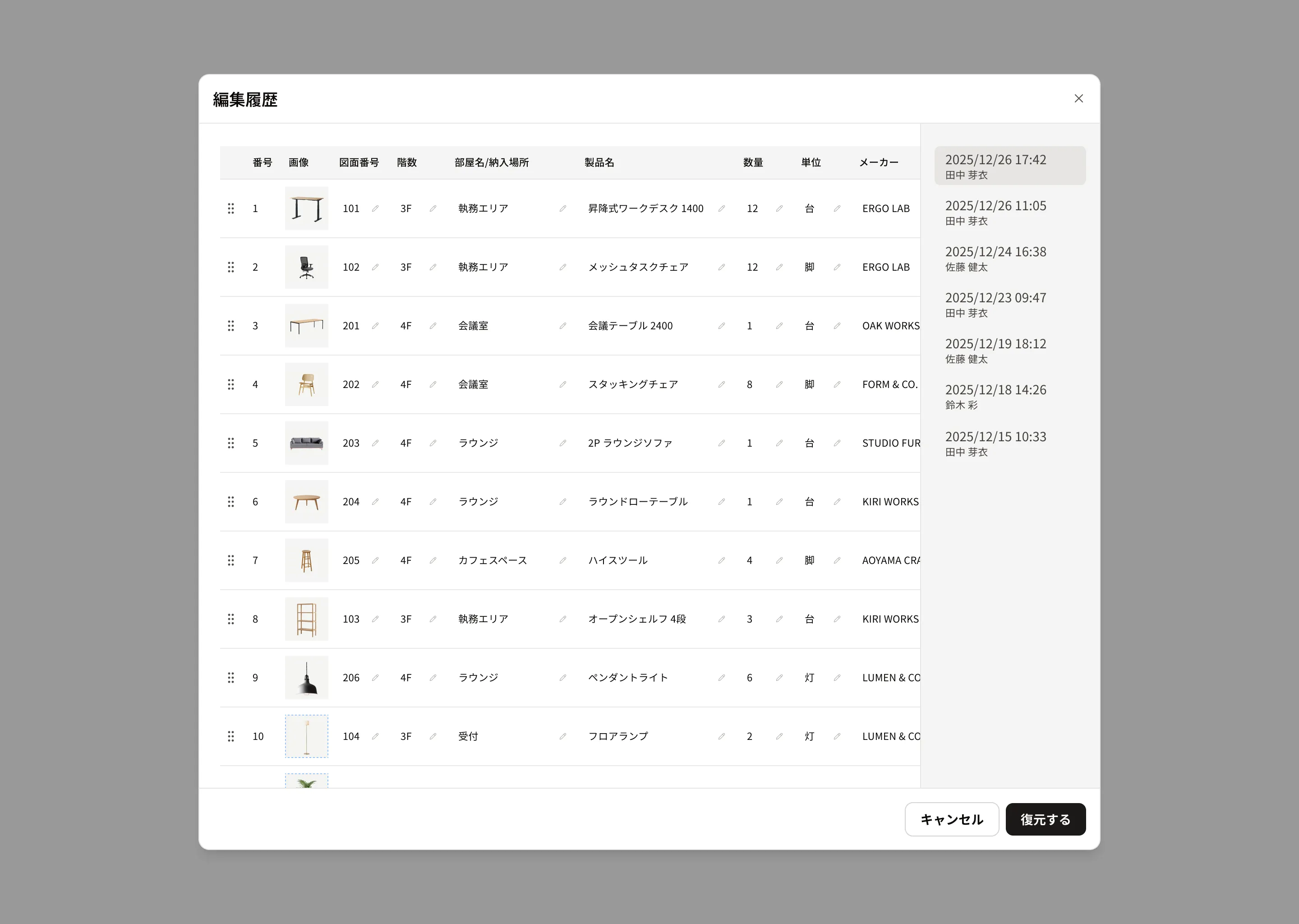 編集履歴パネル。日時と更新者名が並び、どのメンバーがいつ製品情報を変更したかを確認できる